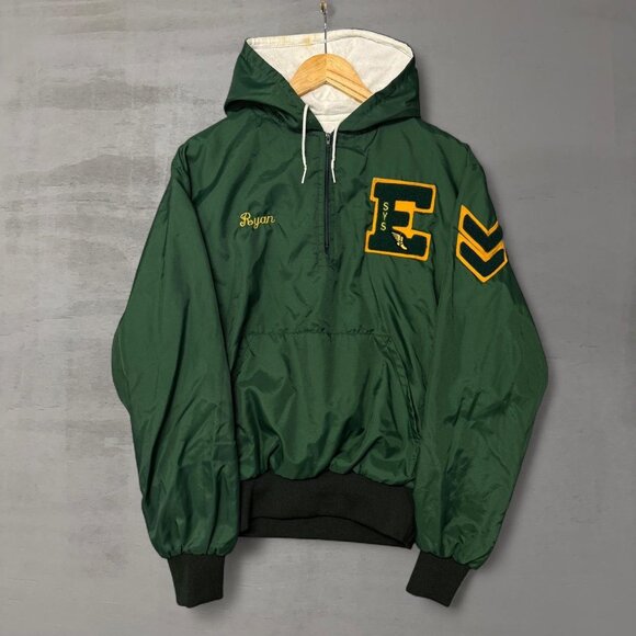 True Vintage Holloway Green 1/4 Zip Varsity Track Hooded Jacket Medium - Picture 1 of 6